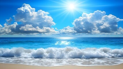 Obraz premium A beautiful beach scene with gentle waves, a clear blue ocean, fluffy clouds, and a bright sun shining in the sky. Concept Scenic Beach View, Gentle Ocean Waves, Clear Sky, Bright Sunlight