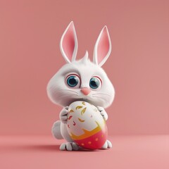 Cute fluffy white bunny holding a colorful Easter egg