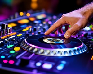 Obraz premium DJ playing music on console in a nightclub, close-up