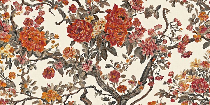 Floral Tapestry: A vibrant floral tapestry comes alive with intricate detail, showcasing a symphony of blooming flowers, creating a pattern rich in artistry and color.