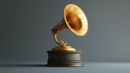 A golden antique-style counter with the symbol of an old gramophone on it stands in front of a gray background, award-winning studio