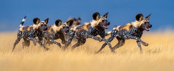 Pack of african wild dogs sprinting across savanna. Generative ai illustrations