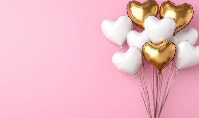 Fototapeta premium Gold and White Heart Balloons on Pink Background