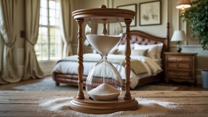 A wooden hourglass filled with white sand, placed on a rustic table in a cozy bedroom with neutral tones and soft lighting