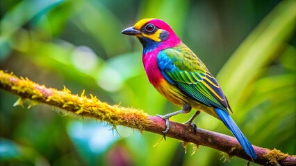Fototapeta premium Vibrant Rainbow-Colored Bird Perched on a Mossy Branch in Lush Foliage