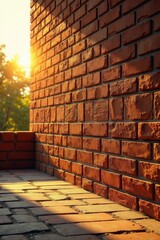 Fototapeta premium Golden hour light bathes precisely laid bricks in a sturdy new wall , bricklayer, building materials