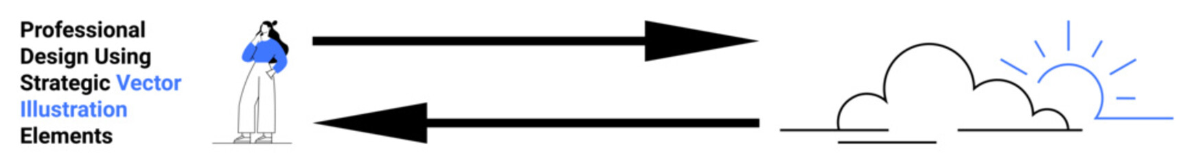 Businessperson standing with arrows pointing towards clouds and rising sun symbolizing growth, strategy, direction, potential, creativity, leadership, and innovation. Ideal for presentations