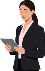 Professional woman in a black suit focused on her tablet, showcasing minimalistic vector art illustrating modern business and technology engagement