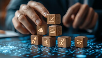 A business consultant thoughtfully positioning wooden cubes with icons