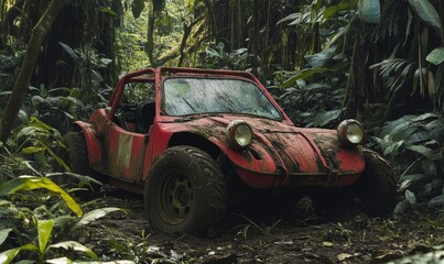Red buggy abandoned overgrown jungle setting.