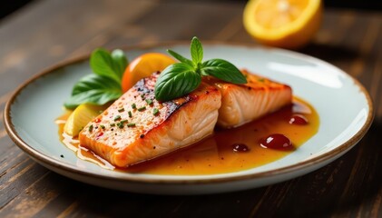 Grilled salmon with fruit sauce, elegant plating, fruit, seasonal