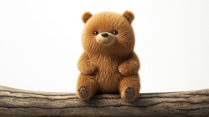Cute bear sitting on log, white background