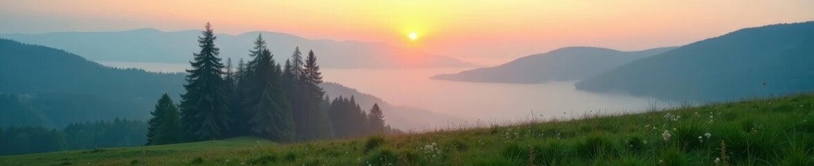 Obraz premium Misty dawn, fir trees stand solitary in fog-shrouded meadow between rolling hills , stock, serene, atmospheric