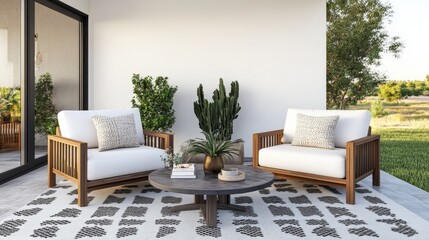 White and black patterned rug in a garden patio area with greenery and outdoor furniture view