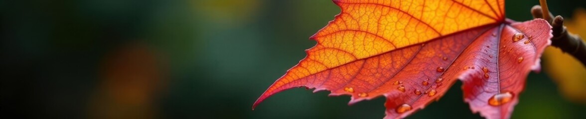 Rain-laden autumn leaf, vibrant hues close-up, foliage, brown, park