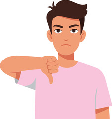 Young man expressing disapproval with a thumbs down gesture in a flat design vector illustration showcasing frustration and straightforward emotion