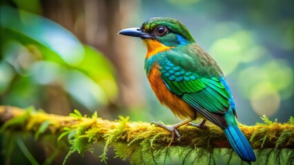 Obraz premium A Vibrant Jewel-toned Bird Perched on a Mossy Branch in a Lush, Verdant Forest