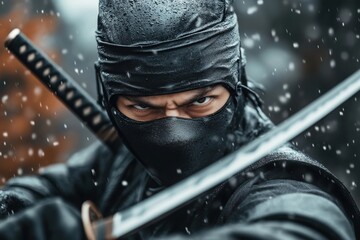 Fototapeta premium A ninja with dual katanas, striking a dynamic pose against the backdrop of a traditional Japanese village