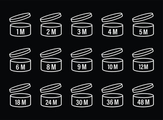 Period after opening sings set. White cosmetic open month life shelf expiration pao vector icons on black background