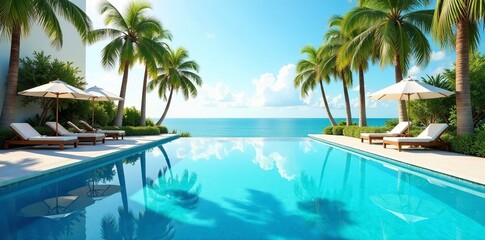 Tranquil blue swimming pool with reflections of palm trees on water surface, summer, vacation