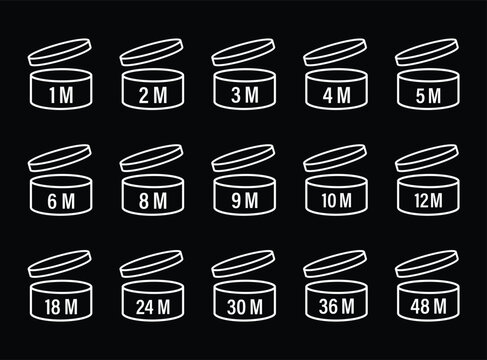 Period after opening sings set. White cosmetic open month life shelf expiration pao vector icons on black background