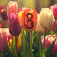 Number 8 close-up against a background of tulips. AI generative.