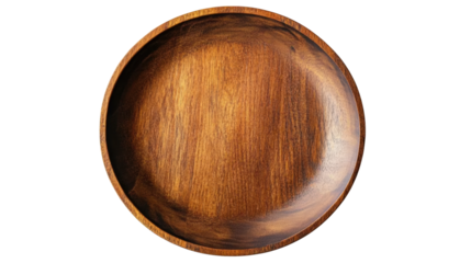 A round, brown wooden plate, an empty cooking utensil isolated on a white table