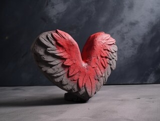 Red heart made of concrete with angel wings. Valentine's Day.