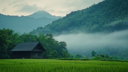 Fototapeta premium A charming homestead in the middle of rice fields, morning fog lifting to reveal its peaceful surroundings. 