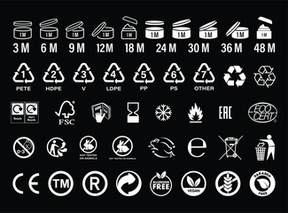 White Cosmetic package icons set on Black Background. PAO period after opening symbol. Recycling and reuse sign