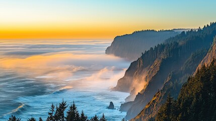 A coastal sunrise, a river shimmering as it flows into the ocean, mist covering distant forested mountains.