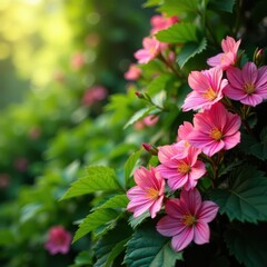Abundant pink flowers, lush greenery, vibrant hues, spring, close-up