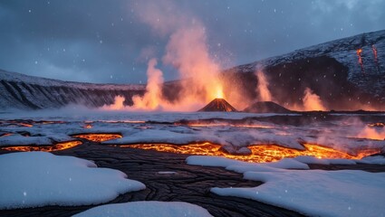 Majestic volcanic eruption with glowing lava flows surrounded by snow-covered landscape at dusk