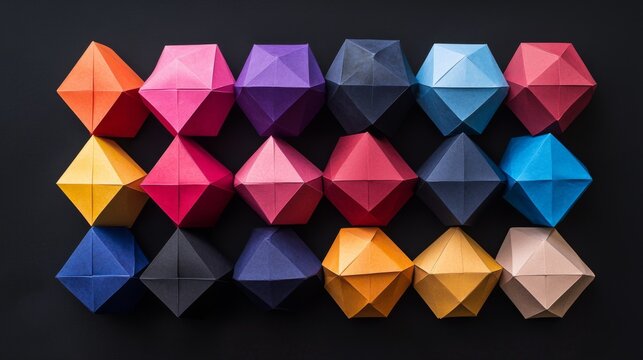 A collection of origami-style paper boxes in multiple vibrant hues, arranged in a symmetrical display.
