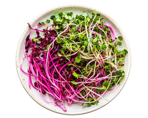 A vibrant red cabbage salad, a fresh and healthy vegetarian dish with raw organic ingredients in a white bowl
