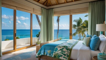Fototapeta premium Serene bedroom overlooking an ocean view with tropical decor and light, breezy fabrics