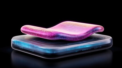 Pink and blue device on black background with abstract futuristic data transfer technology concept