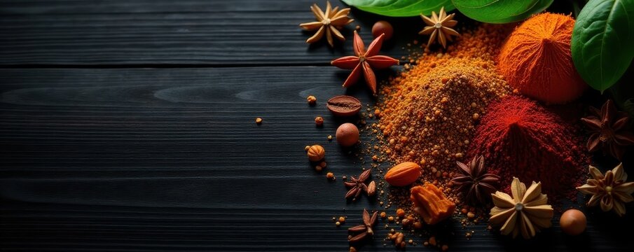 Assortment of dried herbs & spices scattered on dark wood , parsley, cloves, cumin