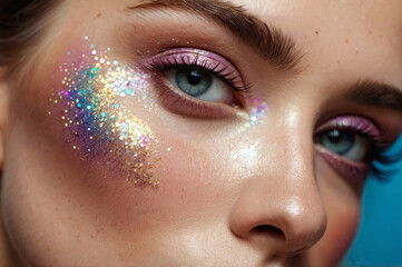 Close up shot of woman with pastel pink eyeshadow and shimmering sparkle across cheeks, showcasing bold creative look. Sparkle merges vivid pigments for fresh editorial content globally