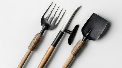 Fototapeta premium Close-up of rustic wooden-handled garden tools including a pitchfork and a trowel UHD 4K Image