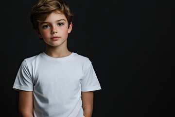 Flawless Visual of Boy Wearing White T Shirt and Posing Isolated Dark Background