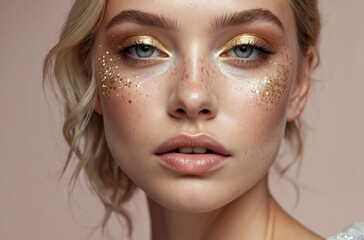 Close up portrait of woman with luminous gold highlights, showcasing modern sparkle along cheeks. Sparkle intensifies unique freckles, creating dazzling effect for editorial campaigns
