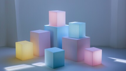 Obraz premium A dynamic stack of cube-shaped paper boxes, their colorful surfaces interacting with soft, directional light. 
