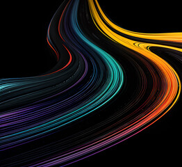 Сurves with colorful reflections create a mesmerizing abstract pattern on a black background.generative ai