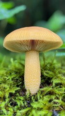 Fototapeta premium Pale Yellow Mushroom Growing in Lush Forest Floor Nature Photography Rich Green Environment Close-Up View Fungal Growth