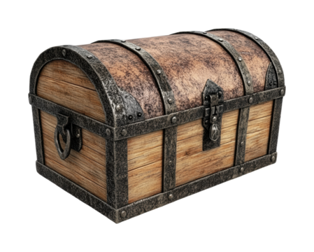 Rustic treasure chest with intricate metal detailing suited for adventure themes or pirate lore design purposes in various media, cut out