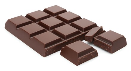 A whole bar of dark chocolate with a smooth texture, broken into square pieces, isolated