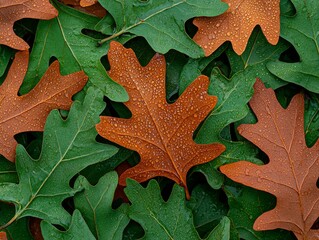 Autumn Oak Leaves with Dewdrops Nature Background Close-up View Tranquil Environment Fall Aesthetic