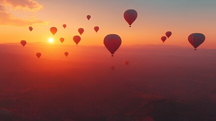 Obraz premium Colorful hot air balloons in the sky at sunset, creating a serene and vibrant atmosphere.