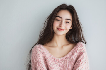Fototapeta premium Portrait of a Cheerful Young Woman in Pink Sweater, Smiling and Posing in Casual Outfit, Long Hair